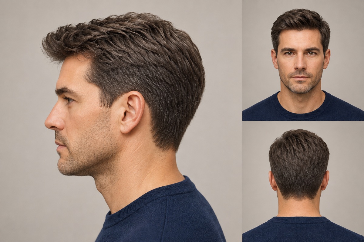 Classic men's scissor haircut shown from the side, front, and back
