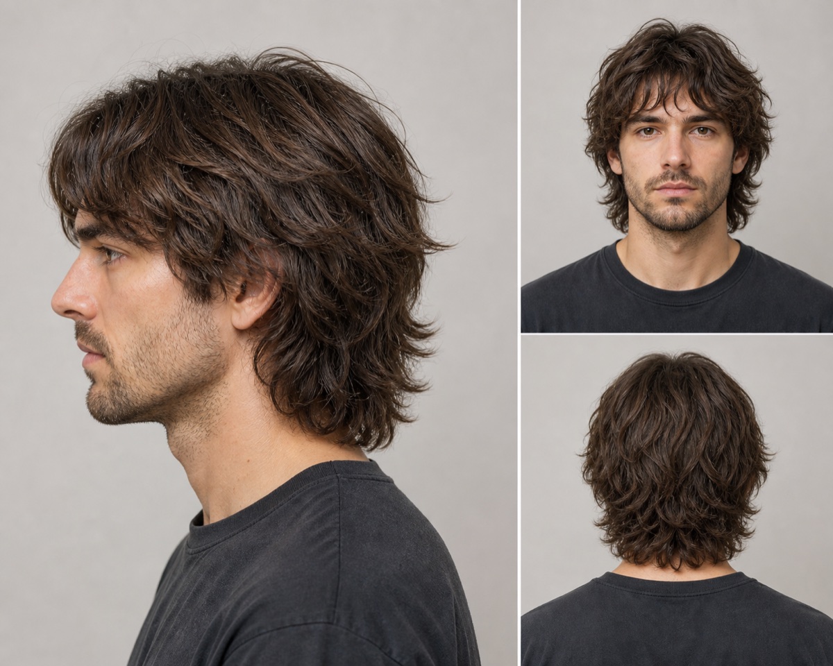 Long men's shag shown from the side, front, and back