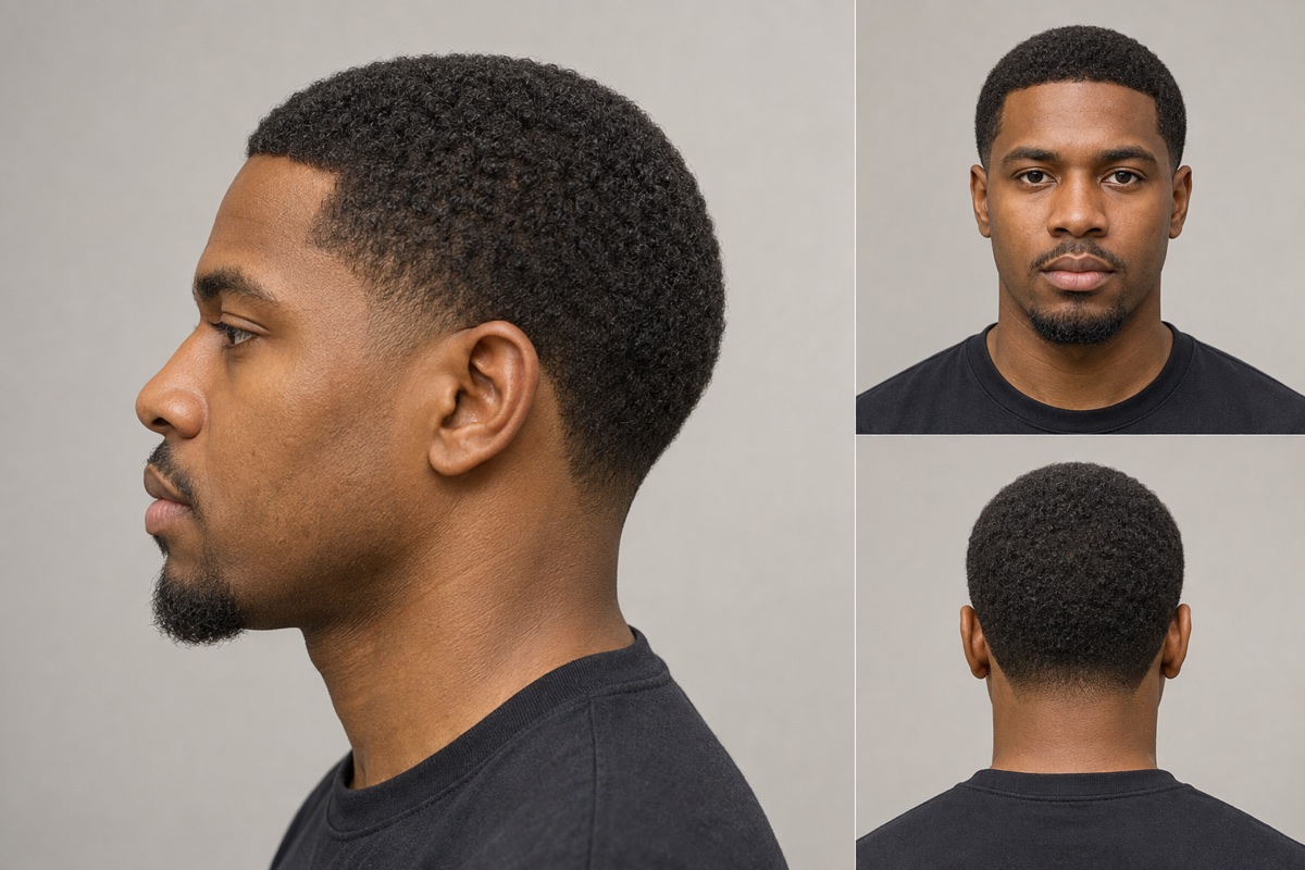 Short clipper haircut shown from the side, front, and back
